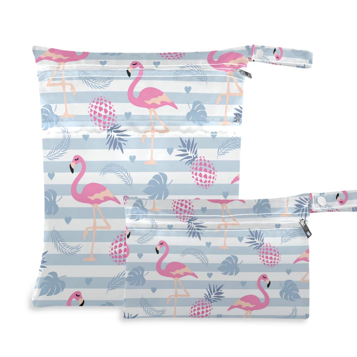 2pcs Flamingo Wet Dry Bag Waterproof Reusable Baby Cloth Diaper Wet Dry Organizer with Two Zippered Pockets for Travel, Beach, Pool, Stroller, Diapers, Dirty Gym Clothes, Wet Swimsuits