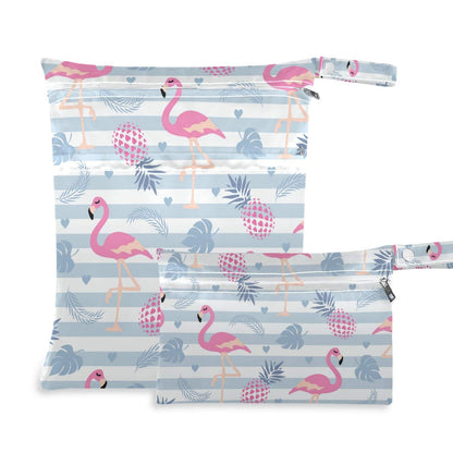 2pcs Flamingo Wet Dry Bag Waterproof Reusable Baby Cloth Diaper Wet Dry Organizer with Two Zippered Pockets for Travel, Beach, Pool, Stroller, Diapers, Dirty Gym Clothes, Wet Swimsuits