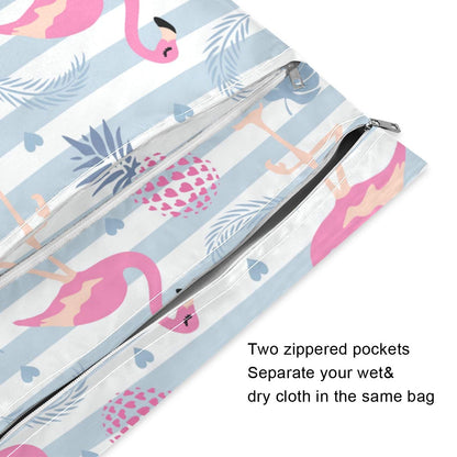 2pcs Flamingo Wet Dry Bag Waterproof Reusable Baby Cloth Diaper Wet Dry Organizer with Two Zippered Pockets for Travel, Beach, Pool, Stroller, Diapers, Dirty Gym Clothes, Wet Swimsuits