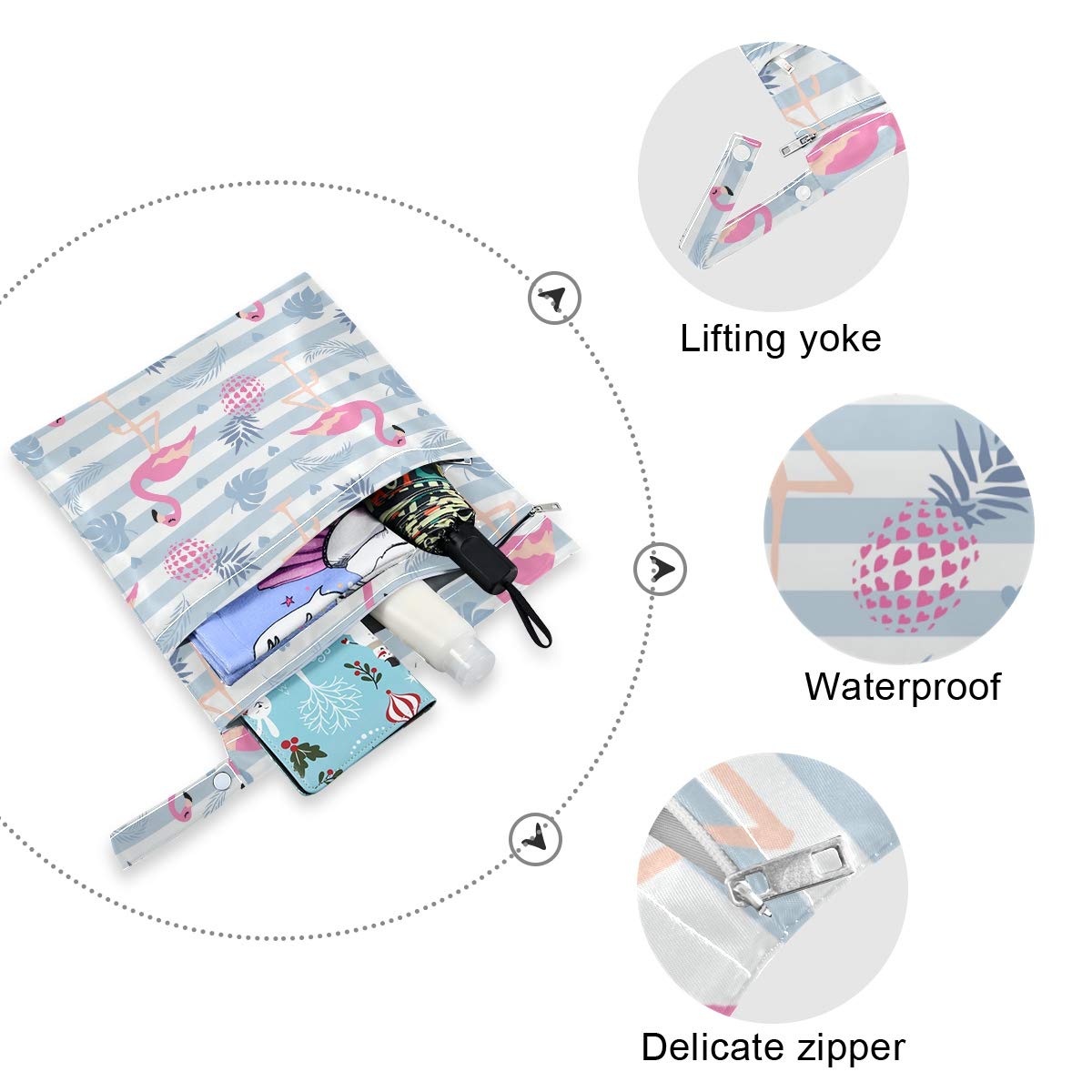 2pcs Flamingo Wet Dry Bag Waterproof Reusable Baby Cloth Diaper Wet Dry Organizer with Two Zippered Pockets for Travel, Beach, Pool, Stroller, Diapers, Dirty Gym Clothes, Wet Swimsuits