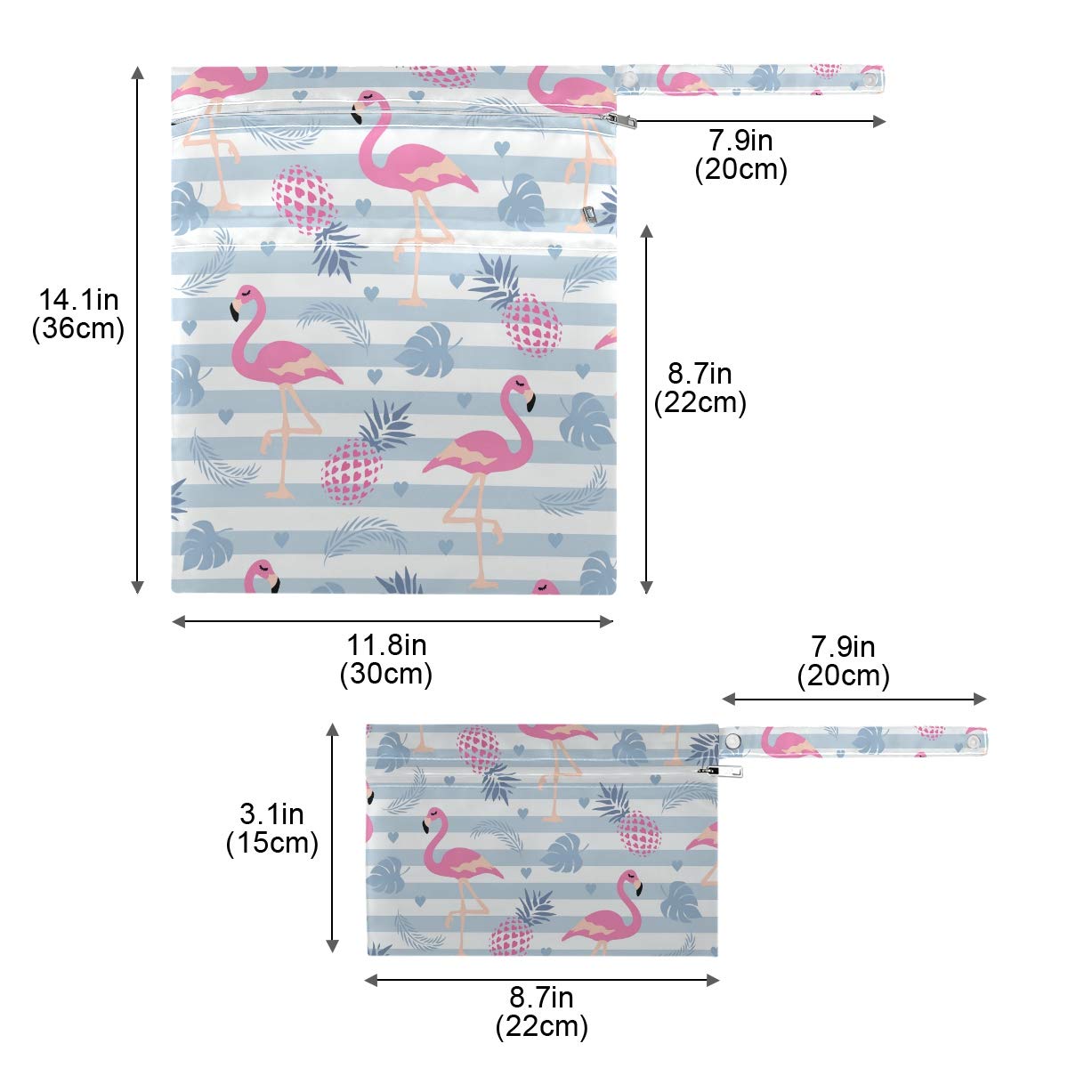 2pcs Flamingo Wet Dry Bag Waterproof Reusable Baby Cloth Diaper Wet Dry Organizer with Two Zippered Pockets for Travel, Beach, Pool, Stroller, Diapers, Dirty Gym Clothes, Wet Swimsuits