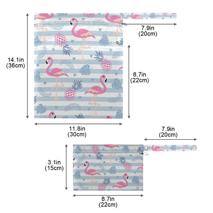 2pcs Flamingo Wet Dry Bag Waterproof Reusable Baby Cloth Diaper Wet Dry Organizer with Two Zippered Pockets for Travel, Beach, Pool, Stroller, Diapers, Dirty Gym Clothes, Wet Swimsuits