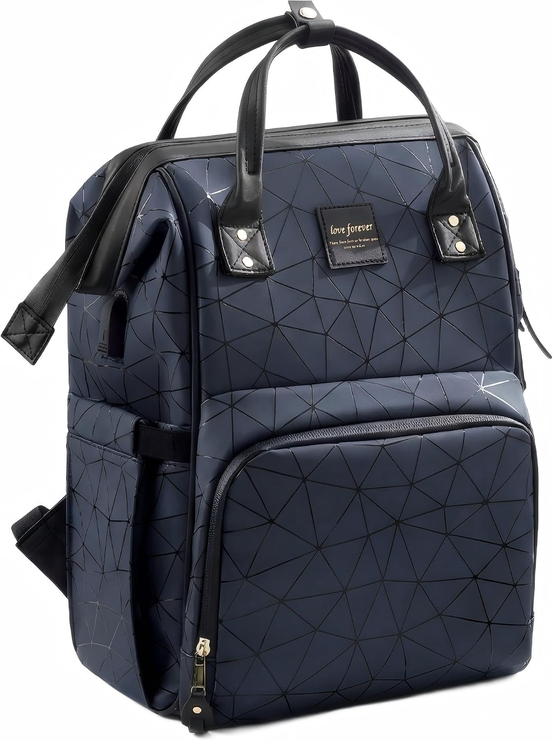 Diaper Bag Backpack, Unisex PU Leather, Very Dark Navy Blue, 16 Pockets, Insulated 3-Bottle Front, Removable Divider, Rear Zip Access, Wipes Dispenser, Stroller Straps, Luggage Sleeve