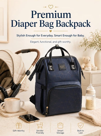 Diaper Bag Backpack, Unisex PU Leather, Very Dark Navy Blue, 16 Pockets, Insulated 3-Bottle Front, Removable Divider, Rear Zip Access, Wipes Dispenser, Stroller Straps, Luggage Sleeve