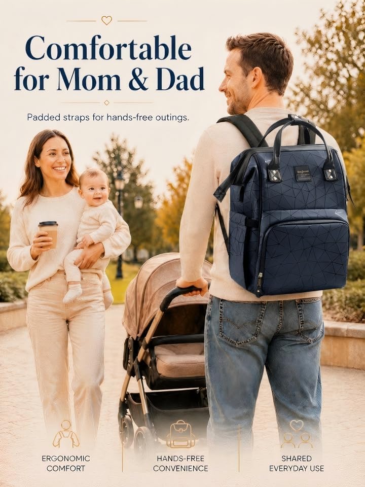 Diaper Bag Backpack, Unisex PU Leather, Very Dark Navy Blue, 16 Pockets, Insulated 3-Bottle Front, Removable Divider, Rear Zip Access, Wipes Dispenser, Stroller Straps, Luggage Sleeve