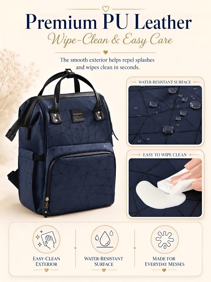 Diaper Bag Backpack, Unisex PU Leather, Very Dark Navy Blue, 16 Pockets, Insulated 3-Bottle Front, Removable Divider, Rear Zip Access, Wipes Dispenser, Stroller Straps, Luggage Sleeve