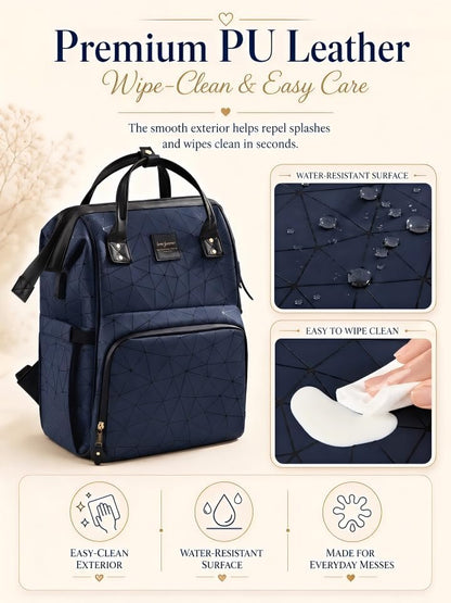 Diaper Bag Backpack, Unisex PU Leather, Very Dark Navy Blue, 16 Pockets, Insulated 3-Bottle Front, Removable Divider, Rear Zip Access, Wipes Dispenser, Stroller Straps, Luggage Sleeve
