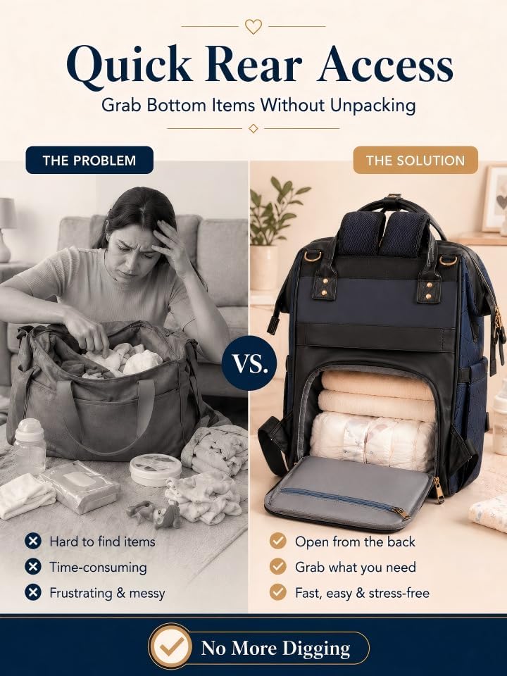 Diaper Bag Backpack, Unisex PU Leather, Very Dark Navy Blue, 16 Pockets, Insulated 3-Bottle Front, Removable Divider, Rear Zip Access, Wipes Dispenser, Stroller Straps, Luggage Sleeve