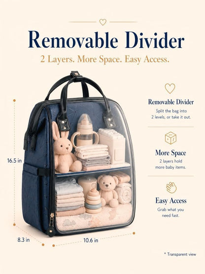 Diaper Bag Backpack, Unisex PU Leather, Very Dark Navy Blue, 16 Pockets, Insulated 3-Bottle Front, Removable Divider, Rear Zip Access, Wipes Dispenser, Stroller Straps, Luggage Sleeve