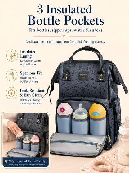 Diaper Bag Backpack, Unisex PU Leather, Very Dark Navy Blue, 16 Pockets, Insulated 3-Bottle Front, Removable Divider, Rear Zip Access, Wipes Dispenser, Stroller Straps, Luggage Sleeve