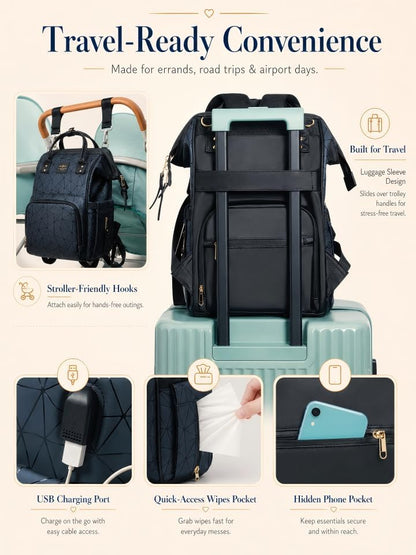 Diaper Bag Backpack, Unisex PU Leather, Very Dark Navy Blue, 16 Pockets, Insulated 3-Bottle Front, Removable Divider, Rear Zip Access, Wipes Dispenser, Stroller Straps, Luggage Sleeve