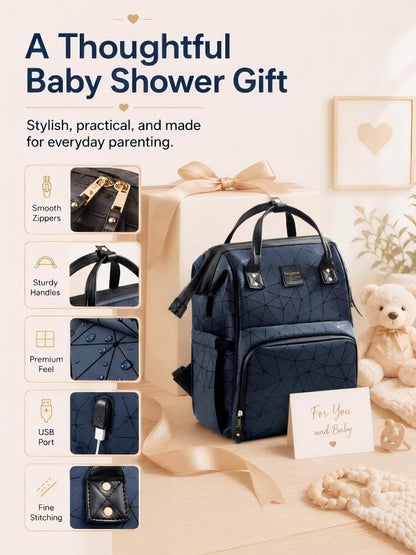 Diaper Bag Backpack, Unisex PU Leather, Very Dark Navy Blue, 16 Pockets, Insulated 3-Bottle Front, Removable Divider, Rear Zip Access, Wipes Dispenser, Stroller Straps, Luggage Sleeve