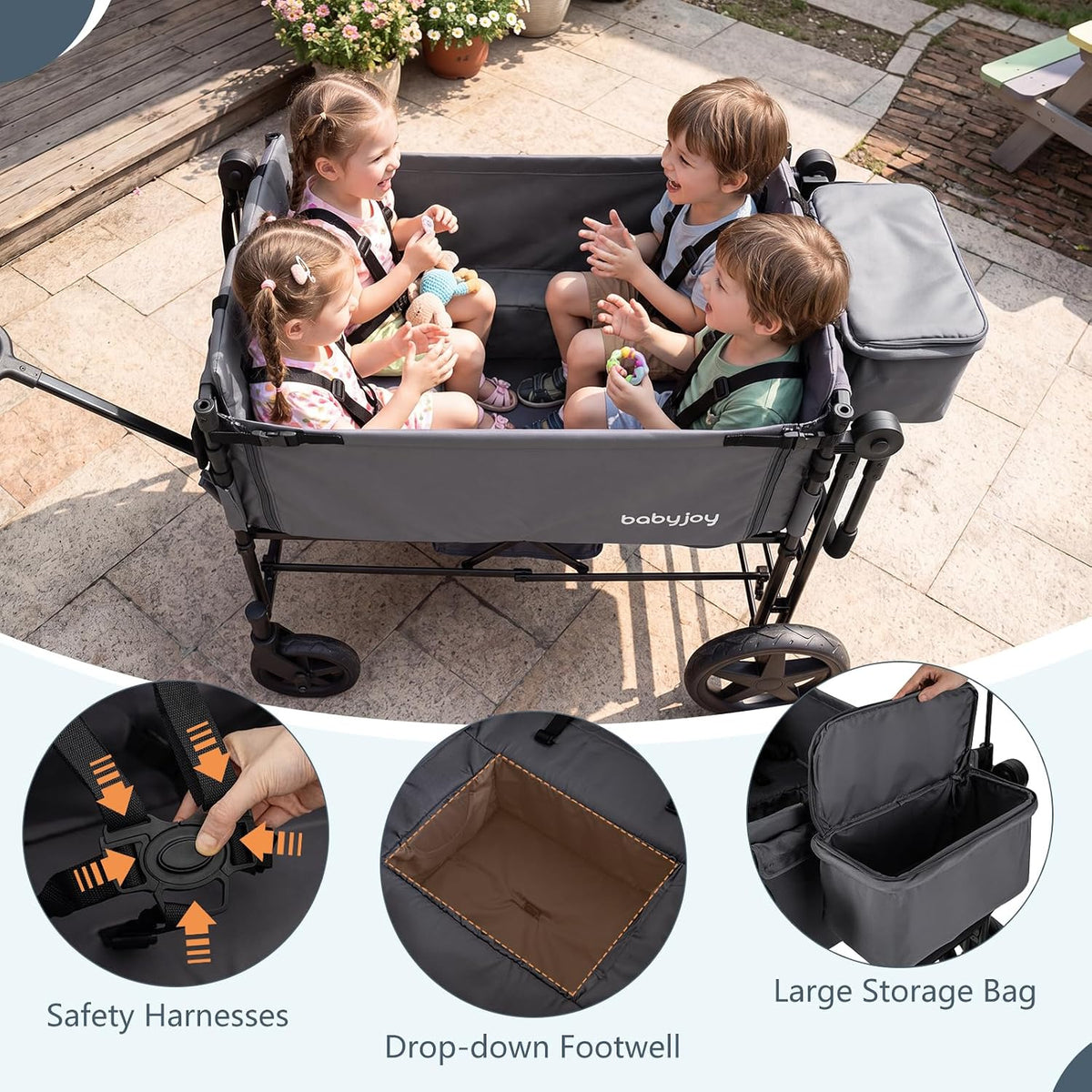 Wagon Stroller for 4 Kids, Foldable 4-Seater Stroller Wagon