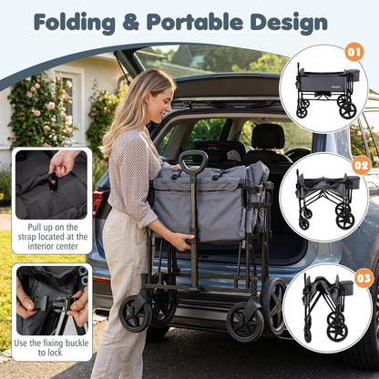 Wagon Stroller for 4 Kids, Foldable 4-Seater Stroller Wagon