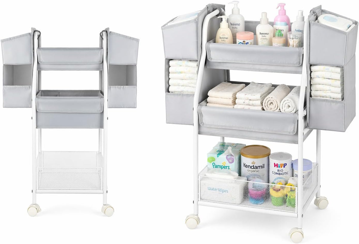 Rolling Utility Cart with Side Storage, 3-Tier Diaper Cart & Baby Caddy Organizer for Nursery Essentials, Bedside/Postpartum Nursing Cart, Craft & Art Storage Organizer, Rolling Book Cart