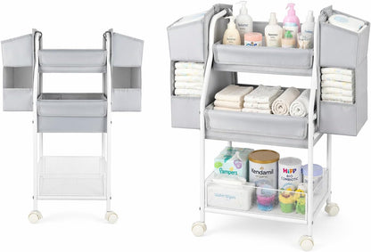 Rolling Utility Cart with Side Storage, 3-Tier Diaper Cart & Baby Caddy Organizer for Nursery Essentials, Bedside/Postpartum Nursing Cart, Craft & Art Storage Organizer, Rolling Book Cart