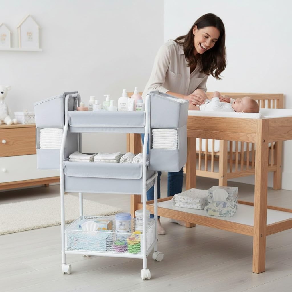 Rolling Utility Cart with Side Storage, 3-Tier Diaper Cart & Baby Caddy Organizer for Nursery Essentials, Bedside/Postpartum Nursing Cart, Craft & Art Storage Organizer, Rolling Book Cart