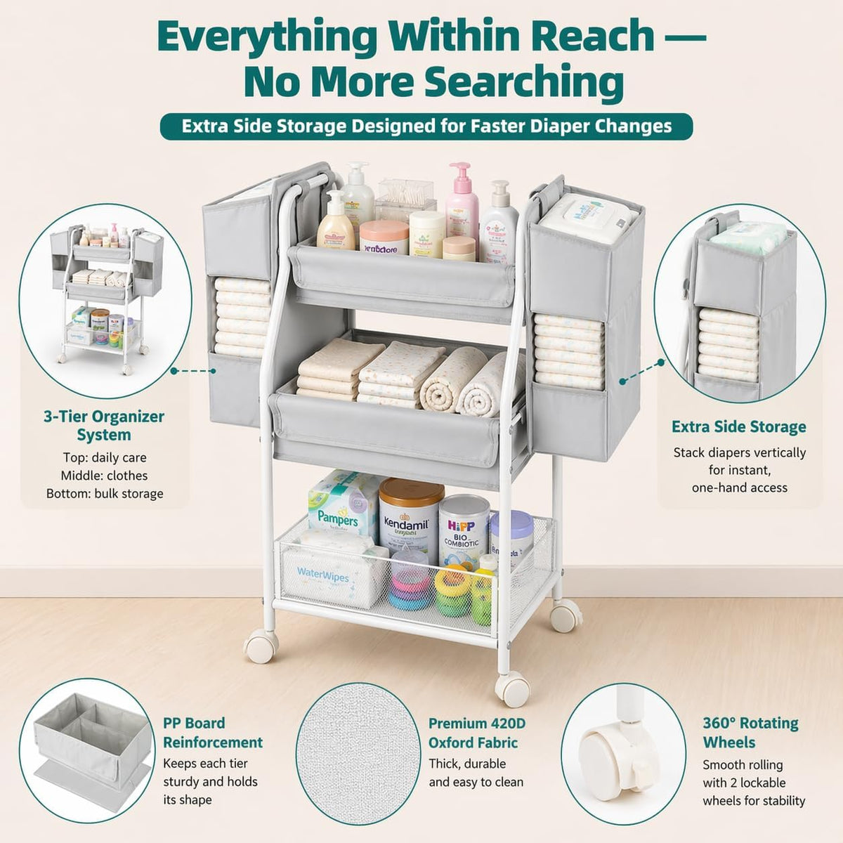 Rolling Utility Cart with Side Storage, 3-Tier Diaper Cart & Baby Caddy Organizer for Nursery Essentials, Bedside/Postpartum Nursing Cart, Craft & Art Storage Organizer, Rolling Book Cart