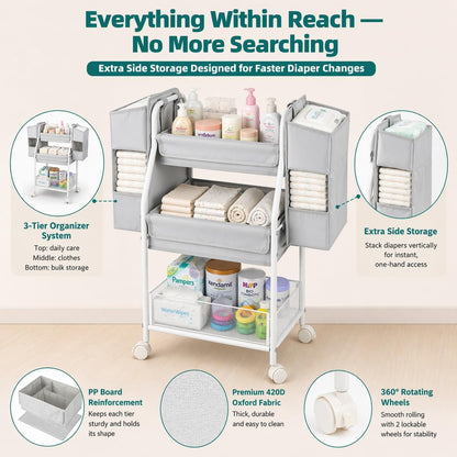 Rolling Utility Cart with Side Storage, 3-Tier Diaper Cart & Baby Caddy Organizer for Nursery Essentials, Bedside/Postpartum Nursing Cart, Craft & Art Storage Organizer, Rolling Book Cart