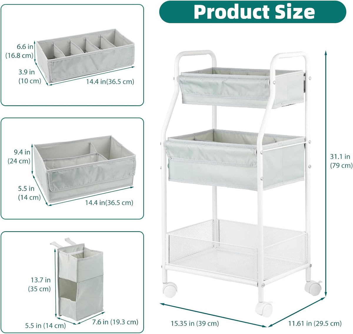 Rolling Utility Cart with Side Storage, 3-Tier Diaper Cart & Baby Caddy Organizer for Nursery Essentials, Bedside/Postpartum Nursing Cart, Craft & Art Storage Organizer, Rolling Book Cart