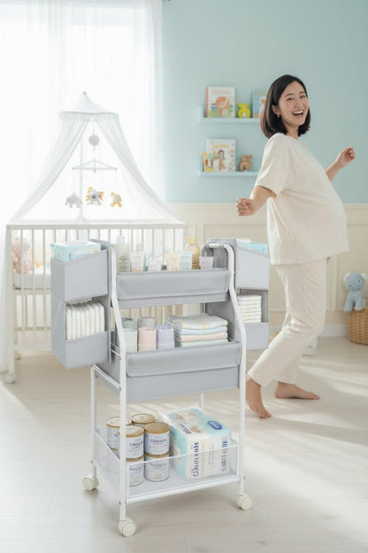 Rolling Utility Cart with Side Storage, 3-Tier Diaper Cart & Baby Caddy Organizer for Nursery Essentials, Bedside/Postpartum Nursing Cart, Craft & Art Storage Organizer, Rolling Book Cart