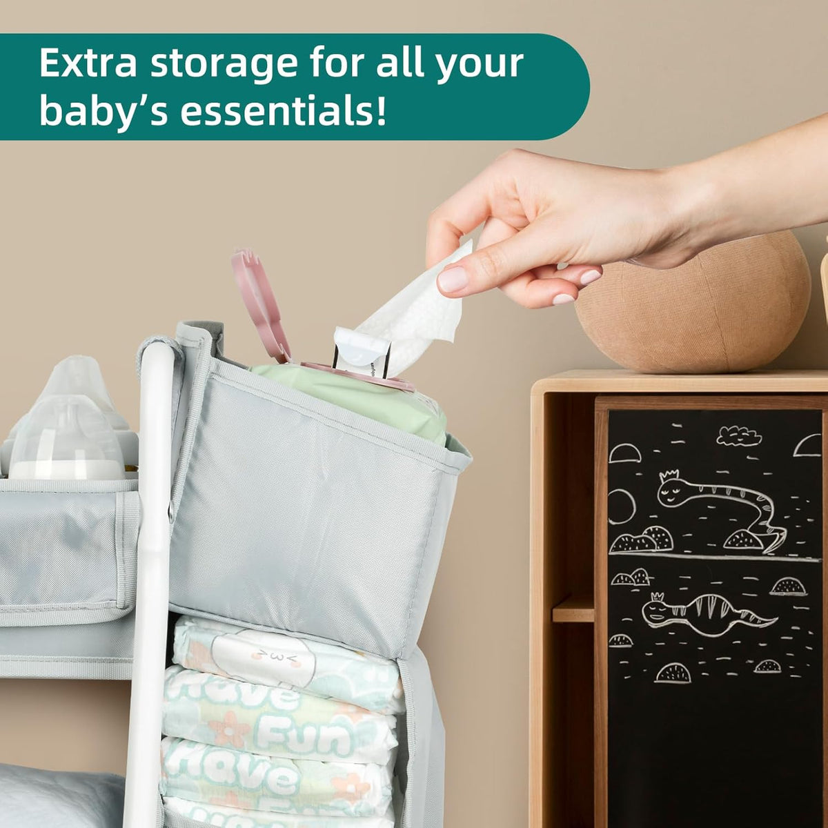 Rolling Utility Cart with Side Storage, 3-Tier Diaper Cart & Baby Caddy Organizer for Nursery Essentials, Bedside/Postpartum Nursing Cart, Craft & Art Storage Organizer, Rolling Book Cart