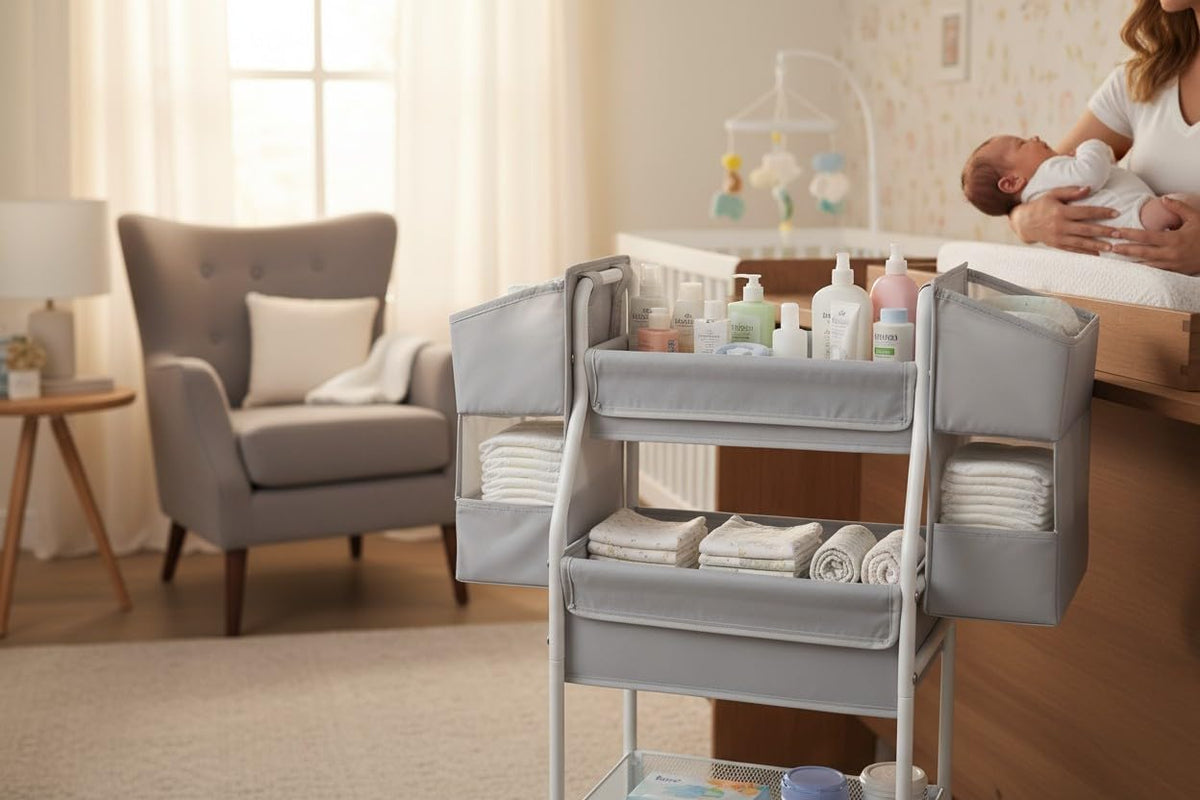 Rolling Utility Cart with Side Storage, 3-Tier Diaper Cart & Baby Caddy Organizer for Nursery Essentials, Bedside/Postpartum Nursing Cart, Craft & Art Storage Organizer, Rolling Book Cart