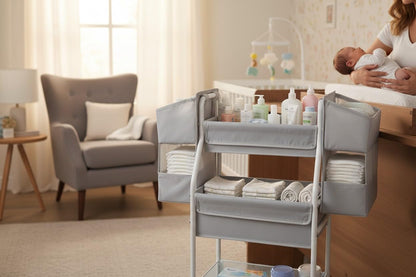 Rolling Utility Cart with Side Storage, 3-Tier Diaper Cart & Baby Caddy Organizer for Nursery Essentials, Bedside/Postpartum Nursing Cart, Craft & Art Storage Organizer, Rolling Book Cart