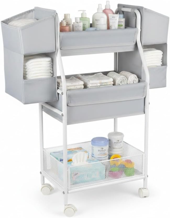 Rolling Utility Cart with Side Storage, 3-Tier Diaper Cart & Baby Caddy Organizer for Nursery Essentials, Bedside/Postpartum Nursing Cart, Craft & Art Storage Organizer, Rolling Book Cart