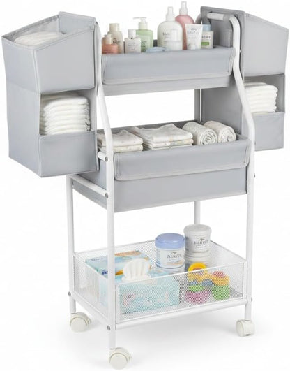 Rolling Utility Cart with Side Storage, 3-Tier Diaper Cart & Baby Caddy Organizer for Nursery Essentials, Bedside/Postpartum Nursing Cart, Craft & Art Storage Organizer, Rolling Book Cart
