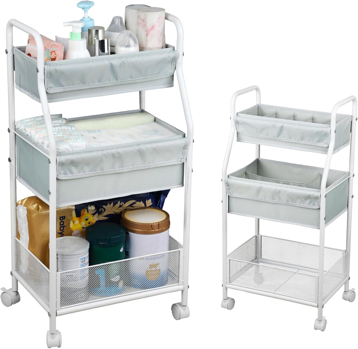 Rolling Utility Cart with Side Storage, 3-Tier Diaper Cart & Baby Caddy Organizer for Nursery Essentials, Bedside/Postpartum Nursing Cart, Craft & Art Storage Organizer, Rolling Book Cart