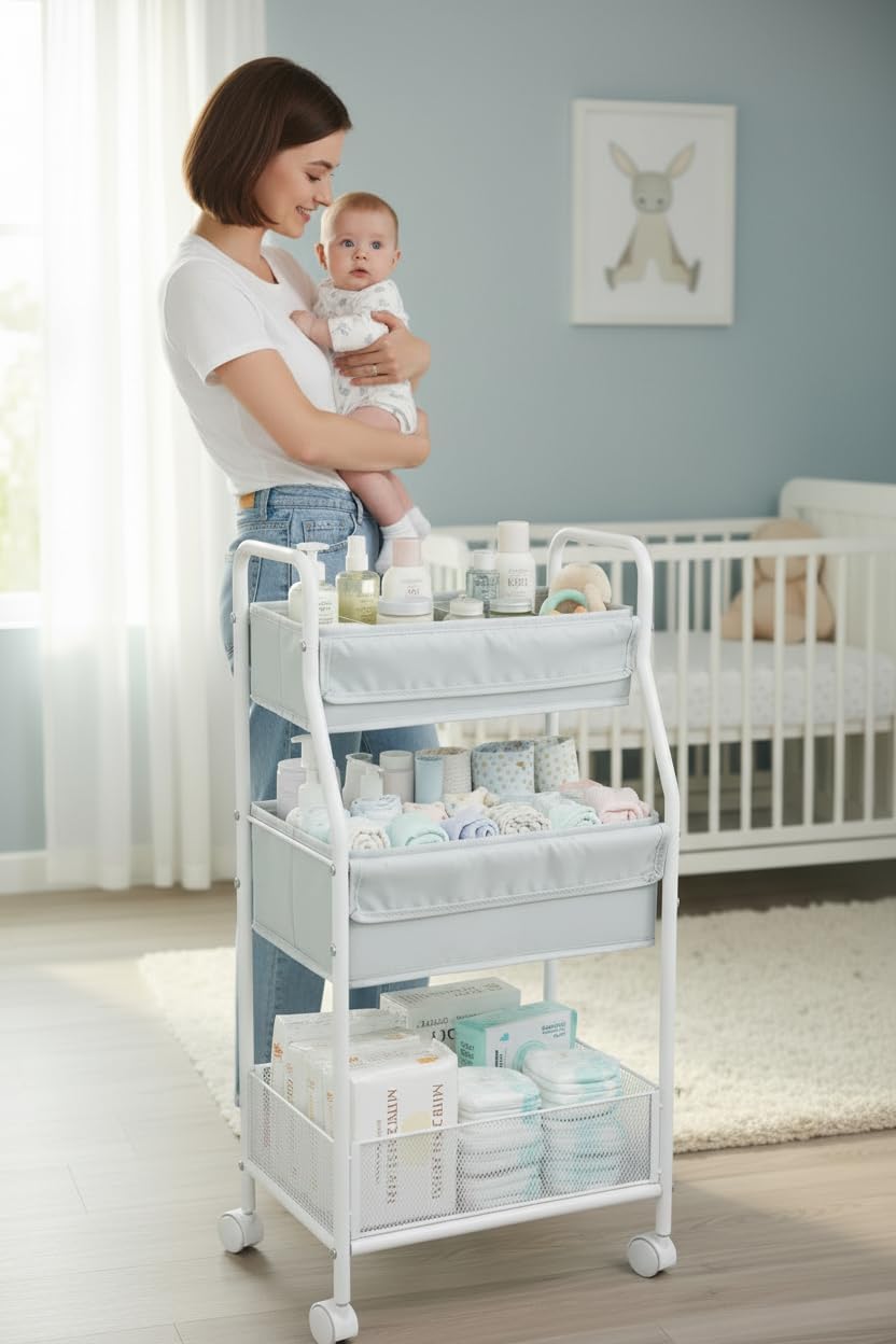 Rolling Utility Cart with Side Storage, 3-Tier Diaper Cart & Baby Caddy Organizer for Nursery Essentials, Bedside/Postpartum Nursing Cart, Craft & Art Storage Organizer, Rolling Book Cart
