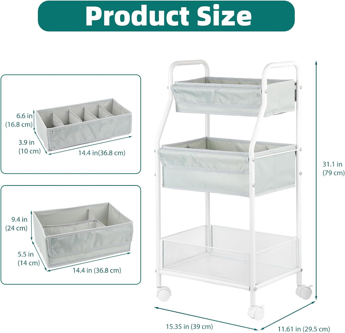 Rolling Utility Cart with Side Storage, 3-Tier Diaper Cart & Baby Caddy Organizer for Nursery Essentials, Bedside/Postpartum Nursing Cart, Craft & Art Storage Organizer, Rolling Book Cart