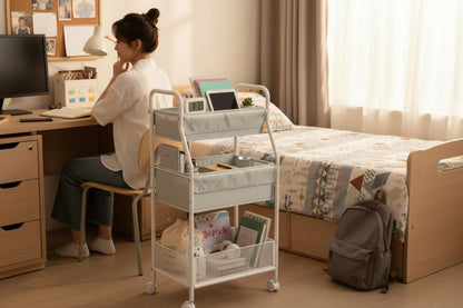 Rolling Utility Cart with Side Storage, 3-Tier Diaper Cart & Baby Caddy Organizer for Nursery Essentials, Bedside/Postpartum Nursing Cart, Craft & Art Storage Organizer, Rolling Book Cart