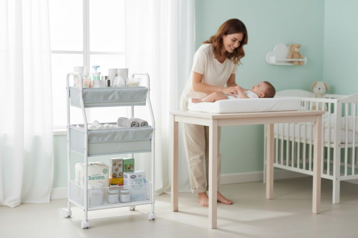 Rolling Utility Cart with Side Storage, 3-Tier Diaper Cart & Baby Caddy Organizer for Nursery Essentials, Bedside/Postpartum Nursing Cart, Craft & Art Storage Organizer, Rolling Book Cart