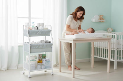 Rolling Utility Cart with Side Storage, 3-Tier Diaper Cart & Baby Caddy Organizer for Nursery Essentials, Bedside/Postpartum Nursing Cart, Craft & Art Storage Organizer, Rolling Book Cart