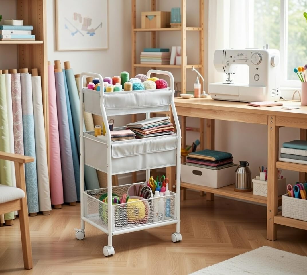 Rolling Utility Cart with Side Storage, 3-Tier Diaper Cart & Baby Caddy Organizer for Nursery Essentials, Bedside/Postpartum Nursing Cart, Craft & Art Storage Organizer, Rolling Book Cart