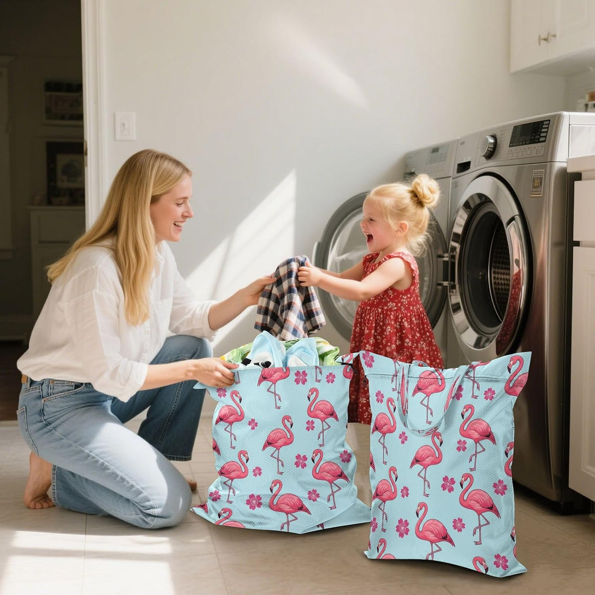 Flamingos Flowers Waterproof Travel Laundry Bag Easy Care 2 Packs
