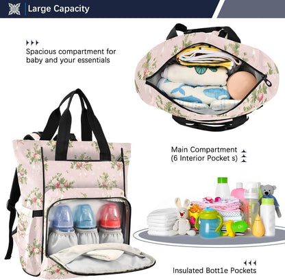 Diaper Bag Backpack, Multifunction Travel Bag for Moms Dads, Baby Changing Bag with Insulted Pockets, Stroller Straps and Side Bottle Pockets Berry Sweet Pattern