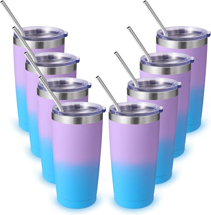 Volhoply 20oz Stainless Steel Tumbler with Lid and Straw,Double Wall Insulated Travel Iced Coffee Mug Fits Cup Holder,Powder Coated Cups for Hot and Cold Drinks,Gifts for Women Men（Purple Bule,1 Set）