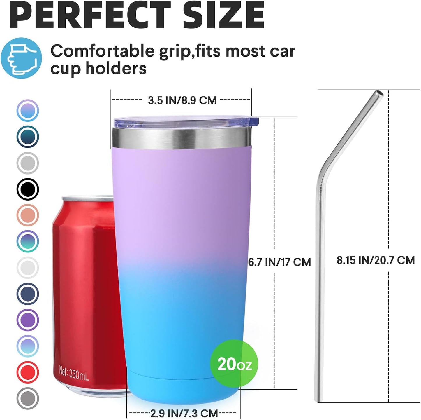Volhoply 20oz Stainless Steel Tumbler with Lid and Straw,Double Wall Insulated Travel Iced Coffee Mug Fits Cup Holder,Powder Coated Cups for Hot and Cold Drinks,Gifts for Women Men（Purple Bule,1 Set）