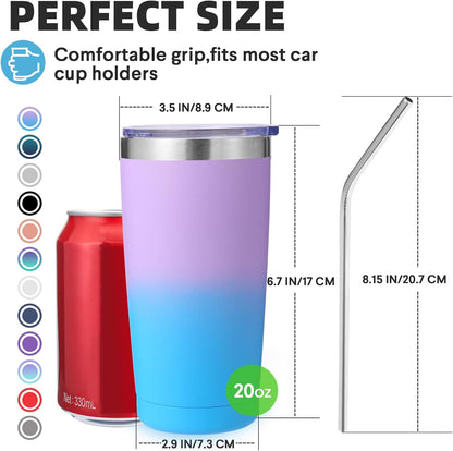 Volhoply 20oz Stainless Steel Tumbler with Lid and Straw,Double Wall Insulated Travel Iced Coffee Mug Fits Cup Holder,Powder Coated Cups for Hot and Cold Drinks,Gifts for Women Men（Purple Bule,1 Set）