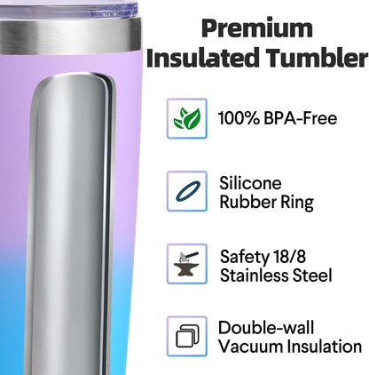 Volhoply 20oz Stainless Steel Tumbler with Lid and Straw,Double Wall Insulated Travel Iced Coffee Mug Fits Cup Holder,Powder Coated Cups for Hot and Cold Drinks,Gifts for Women Men（Purple Bule,1 Set）