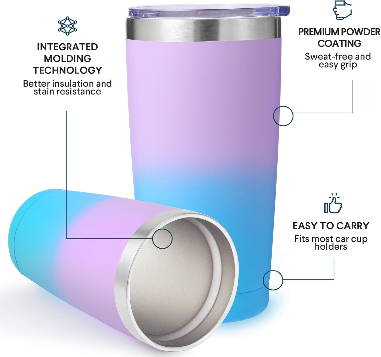 Volhoply 20oz Stainless Steel Tumbler with Lid and Straw,Double Wall Insulated Travel Iced Coffee Mug Fits Cup Holder,Powder Coated Cups for Hot and Cold Drinks,Gifts for Women Men（Purple Bule,1 Set）