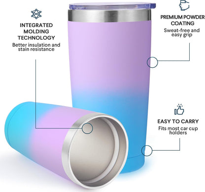 Volhoply 20oz Stainless Steel Tumbler with Lid and Straw,Double Wall Insulated Travel Iced Coffee Mug Fits Cup Holder,Powder Coated Cups for Hot and Cold Drinks,Gifts for Women Men（Purple Bule,1 Set）