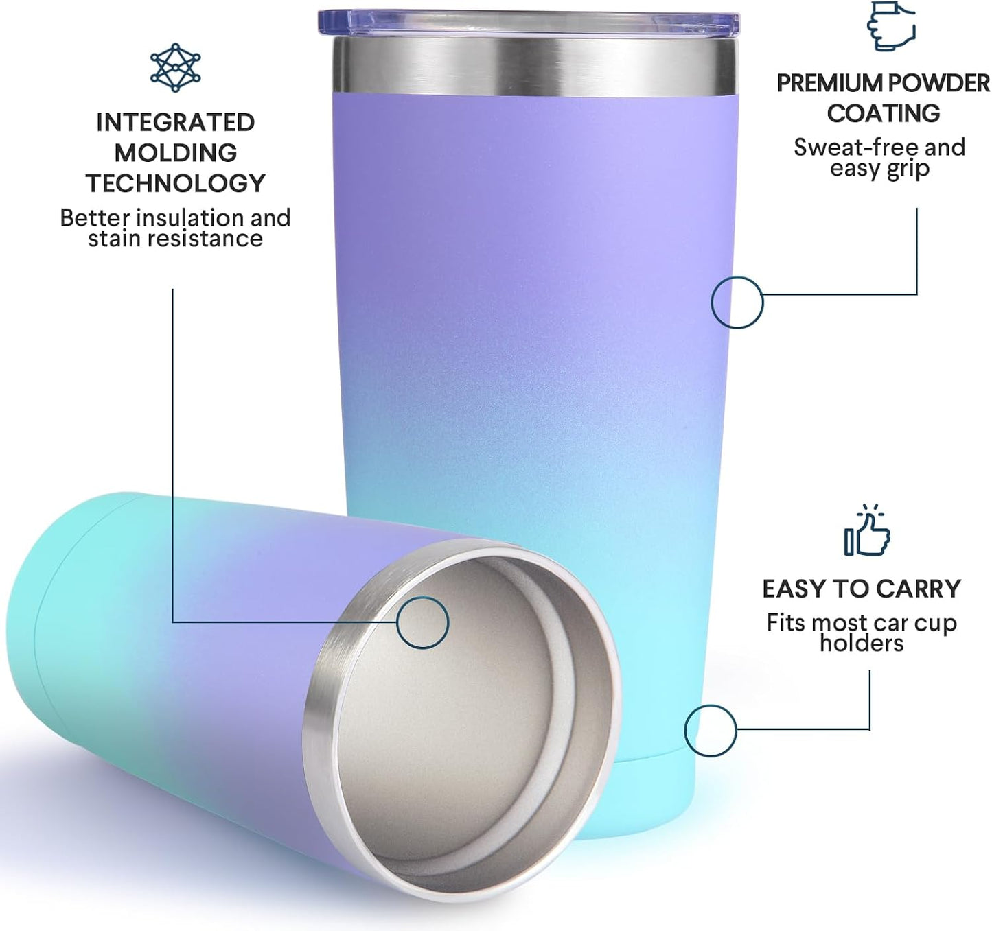 Volhoply 20oz Stainless Steel Tumbler with Lid and Straw,Double Wall Insulated Travel Iced Coffee Mug Fits Cup Holder,Powder Coated Cups for Hot and Cold Drinks,Gifts for Women Men（Purple Bule,1 Set）