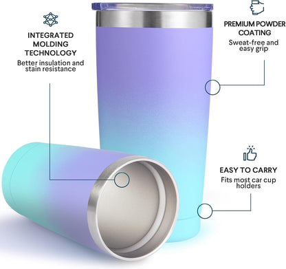 Volhoply 20oz Stainless Steel Tumbler with Lid and Straw,Double Wall Insulated Travel Iced Coffee Mug Fits Cup Holder,Powder Coated Cups for Hot and Cold Drinks,Gifts for Women Men（Purple Bule,1 Set）