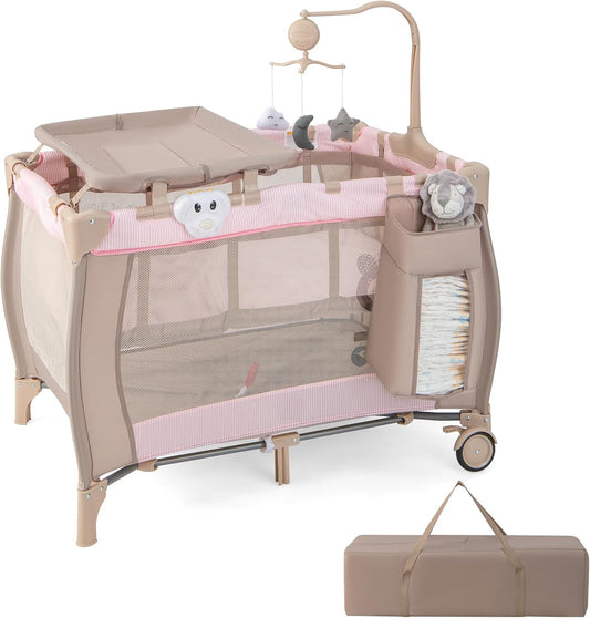 Pack and Play, 3 in 1 Portable Baby Playard with Bassinet, Changing Table, Lockable Wheels, Music Box, Foldable Travel Baby Crib from Newborn to Toddler (Coffee Pink)