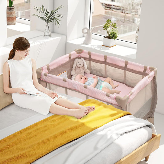 Pack and Play, 3 in 1 Portable Baby Playard with Bassinet, Changing Table, Lockable Wheels, Music Box, Foldable Travel Baby Crib from Newborn to Toddler (Coffee Pink)