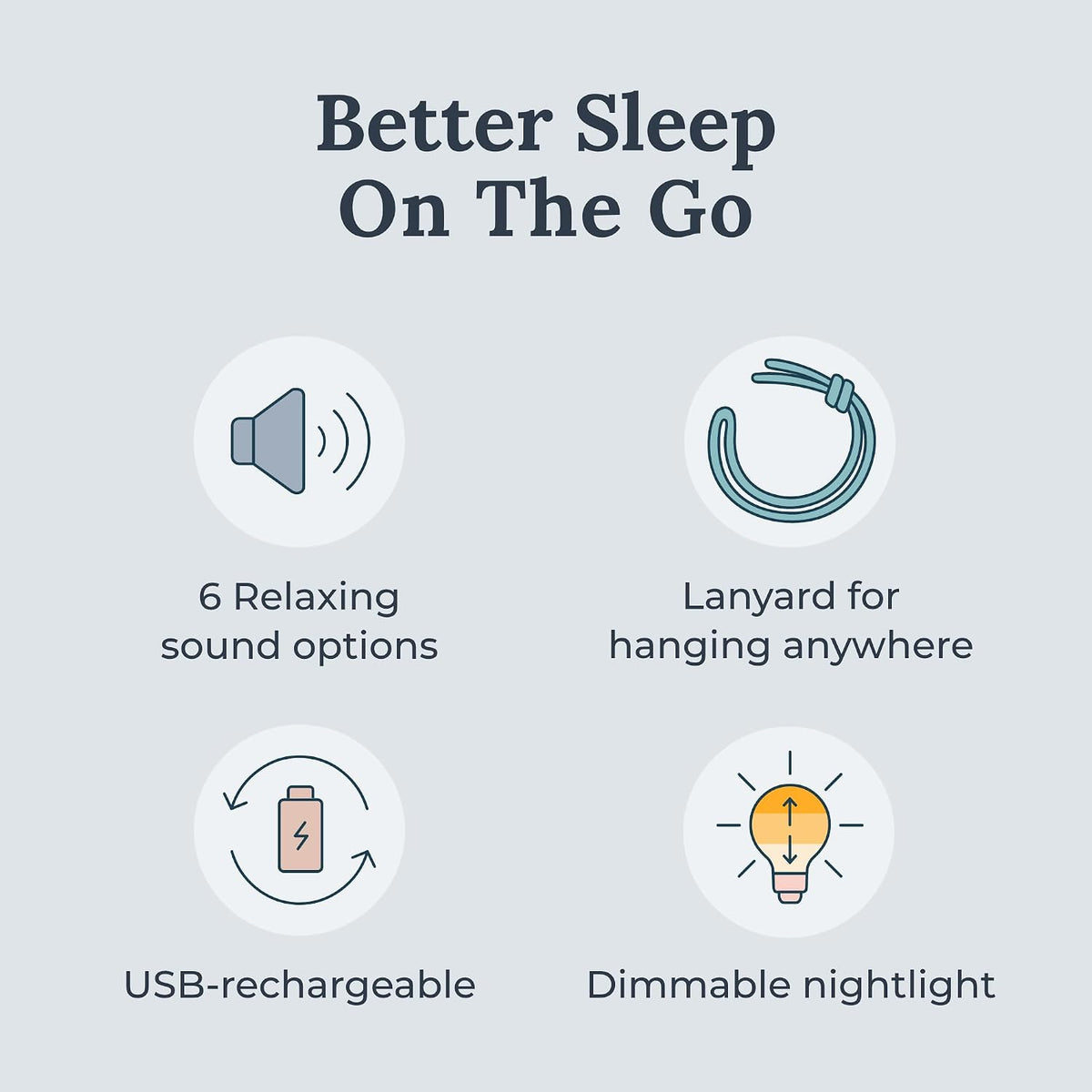 Travel Mini Portable White Noise Sound Machine, 6 Soothing Sounds, Volume Control, Dimmable Night Light, Sleep Therapy for Adults & Baby, USB Rechargeable, Lanyard Included